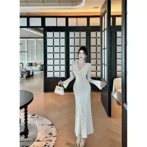 레이스 롱스커트 레이어드 머메이드 브이넥 셔링 나팔 원피스 여사친 SPO마켓1