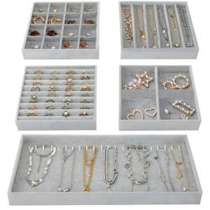픽스왈 주얼리 정리함 및 보관함, 14인치 스태커블 서랍 정리함, 탈착식 칸막이가 있는 트레이 5개 세트, 귀걸이 목걸이 팔찌 시계용 다층 트레이, 그레이