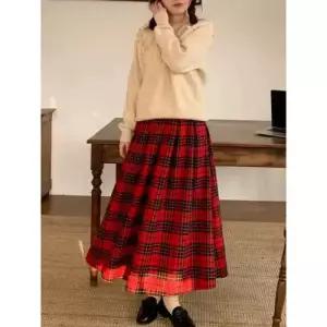 여성 치마 롱 빨강 빈티지 체크 A라인울 플리츠 DUCHI1