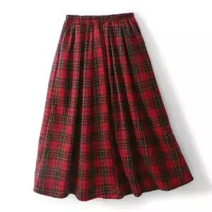스커트 빨강 롱 캐주얼 빈티지 여친 플리츠 체크 A라인울 DUCHI1