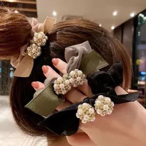 진주 원형 볼 포인트 예쁜 쉬폰 곱창 헤어 슈슈 헤어끈 겨울집게핀 털집게핀 퍼집게핀