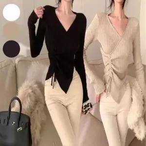 [SBD] V넥 니트 랩스타일 셔링 골지 여자 슬림핏 긴팔