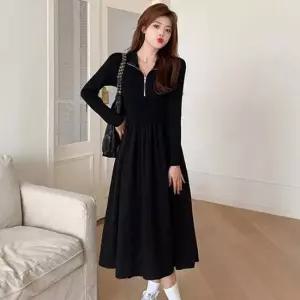 가을 캐주얼 올블랙 카라 반집업 A라인 롱 원피스