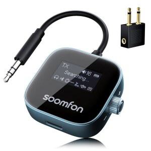 SOOMFON 비행기 블루투스 5.3 에어팟 2개용 송신기 또는 헤드폰 2-in-1 어댑터 수신기(LCD 디스플레이 포함) 3.5mm 플라잉 짐카 홈 스테레오용