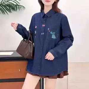 청 봄 캐릭터 블레이저 셔츠 싱글 자수 여자데님셔츠 칼라 무지 ible1