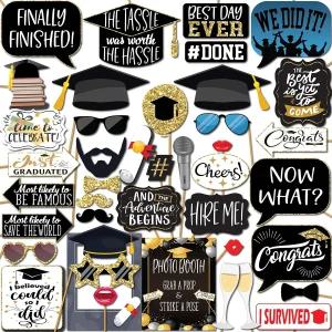 졸업사진 부스 소품 - 41개 포토부스 키트 10인치 표지판 8개 포함 접착 패드 60개 스틱 45개