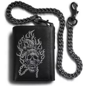 Skneephate 남성용 체인 해골 3단 지갑 부드러운 가죽 RFID 차단 멋진 선물 아이디어 1-블랙 빈티지 바이커