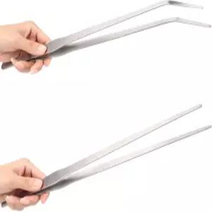 수족관용 긴 핀셋 15인치 - 2개 스테인리스 스틸 파충류 먹이 집게 곡선형 및 직선 디자인 슬립 팁 없음