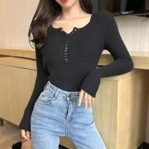 [옷은날개] 골지 스판 티셔츠 데일리 슬림 긴팔티 단추포인트