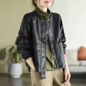 빛채운 검정 캐주얼 여자 봄가을 야구넥 숏PU가죽옷 루즈핏 긴팔 코트 OPH1