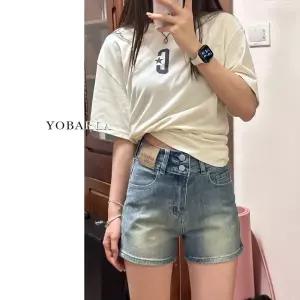 빛채운 데님 여자 빈티지 가을 반바지 하이웨스트 슬림핏 핫팬츠 A라인 배 몸매 스판 빅사이즈 OPH3