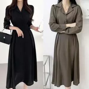 [SBD] 핀턱 롱원피스 브이넥 허리 뒷밴딩 주름 앞허리 카라