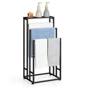 욕실용 프리스탠딩 타월 랙 3단 금속 바닥 스탠드 산업용 담요 사다리 홀더, 침실 거실용 수납 선반, 블랙