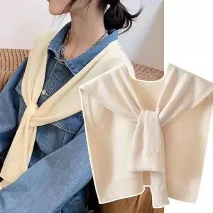 F007597_니트 어깨숄 무지사각 머플러 페이크 레이어드가디건