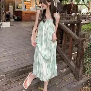 리본끈 썸머 드레스 셔링 나염 그린 원피스