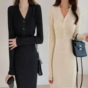 겨울 골지 여자 이너 니트 니트원피스 롱 슬림핏 V넥