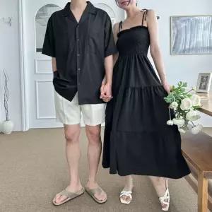 커플룩 반팔 원피스 여름 블랙 셔츠 민소매 스냅 남녀