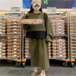 세트 여자 스커트 투톤 배색 레이어드 맨투맨 롱