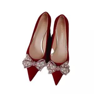 가을 봄 여성 하이힐 구두 웨딩화 빅사이즈 스틸레토 힐 펌프스 큐빅 리본 DUCHI3