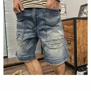 야무치 남성용 하프 면 빈티지 데일리룩 헤비 패치 워싱 청반바지 와이드 카고 5부팬츠 KUK5