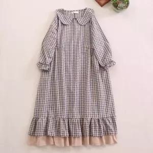 EAMT 원피스 면 프릴 체크 여자원피스 봄가을 라운드카라 린넨 롱스커트 긴팔 YJ3