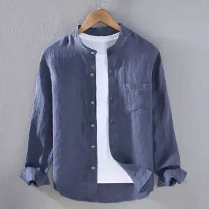 남자셔츠 아우터 라운드 봄여름 면 긴팔 린넨 상의 순린넨 노카라 남자복 얇은 캐주얼 셔츠 심쿵마켓