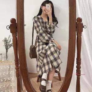 여친셔츠원피스 체크 큐티 롱원피스 루즈핏 봄 남방 플래어랩 봄하객룩 프릴 민소매pqr619