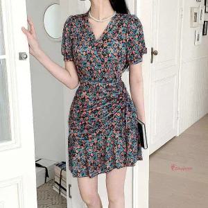 여자루비제인원피스 미니 휴양지 스커트 여름 여성 프릴 브이넥 반팔 셔링 플라워def618