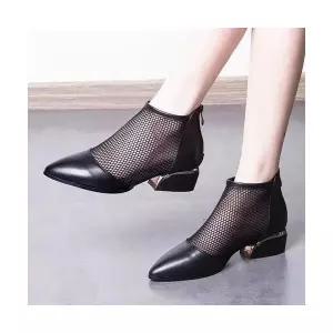 키체샵 여성 스트랩 샌들 봄가을 뾰족망사 펀칭 통굽 지퍼 화 HO3