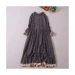 와칸다 여성 여친 원피스 쉬폰 프린트 가을 플라워 프릴 롱 루즈핏 긴팔 오버사이즈 스커트 KKE3