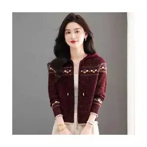 EAMT 여자 후드 가디건 빈티지 자카르 니트 카디건 가을옷 슬림핏 집업 EUNG3