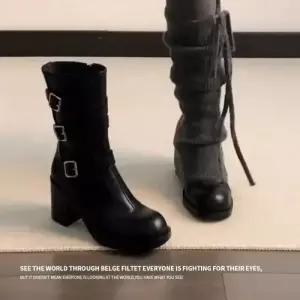 룽나루 여사친 빈티지 앵클 워커힐 통굽 옆지퍼 슬림 라운드넥 버전 버클 소가죽 부츠 HO5