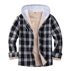 이부마 남성 면 격자 긴 소매 셔츠 재킷 플리스 안감 플란넬 셰르파 버튼 다운 코트 후드 포함