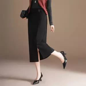 율랑팡 여성 A라인 앞트임 힙업 스커트 가을슬림핏 오피스룩 일자 롱 HO3