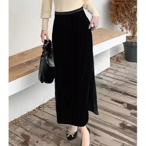 율랑팡 여성 A라인 블랙 스커트 가을 빈티지 슬림핏 트임 HO3