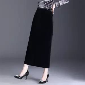 율랑팡 여성 A라인 블랙 벨벳 롱스커트 가을 일자 스커트 트임 힙업 HO3