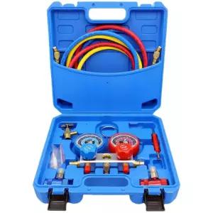 R1234yf AC 게이지 3방향 매니폴드 세트 자동차 에어컨 재충전 키트 호스 및 퀵 커플러 포함