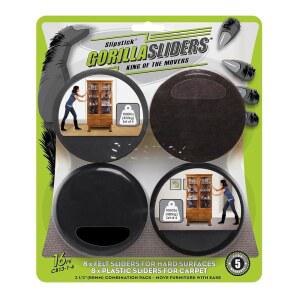 [미국배송] 슬립스틱 고릴라 슬라이더 모든 바닥 표면용 프리미엄 가구 슬라이더(16피스 무빙 키트) 재사용 가능한 3.5 U201D 원형 무버 하드우드 & 카펫 블랙 CB13-1-16