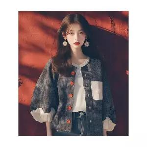 앤트맨 여성용 검정 봄 이른 톱 앤 벌룬 소매 체크 코트 OPH1