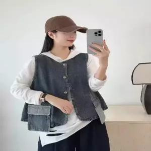 밴널스샵 여성 베스트 데님 조끼 빈티지 라운드 싱글 포켓 블레이저 HO1
