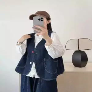 밴널스샵 여성 베스트 솔리드 데님 조끼 빈티지 브이넥 싱글 캐주얼 민소매 톱 HO1