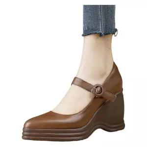 웨지힐 수제화 통굽 신발 구두 키높이 가보시 여자 슈즈 데일리 스트랩 블랙 슬리퍼