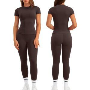 릴리티 여성 투피스 운동 세트 슬림 핏 반팔 셔츠 하이 웨이스트 레깅스 요가 의상 매칭 체육관