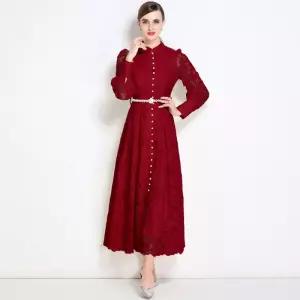 스트레인지 원피스 여자 빈티지 데일리룩 레이스 차이나 벌룬 소매 버클 롱스커트 벨트 KUK1