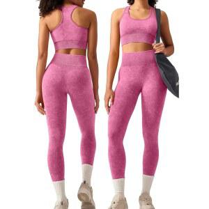 올치 여성 운동 세트 2피스 - 애시드 워시 심리스 요가 의상 하이 웨이스트 레깅스 패딩 레이서백 스포츠 브라