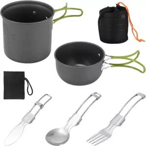 SS 선스벨 캠핑 요리 세트 논스틱 냄비 및 팬 접이식 커틀러가 있는 휴대용 조리기구 하이킹용 다기능 야외