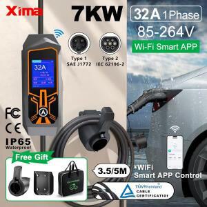 XIMA WIFI APP EV 충전기 휴대용 Type2 32A 7KW EVSE 제어 가정 및 실외용 조정 가능한 전류 스마트 타이밍