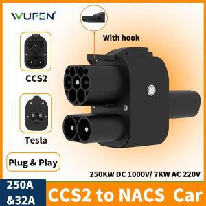 WUFEN EV 충전기 어댑터 32A DC 250A Type2 및 CCS2-Tesla 자동차 모델 Y/S/3/X 용 1000V 250V AC 변환기