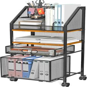 보관 서랍 2개가 있는 롤링 파일 카트 다용도 북레터 정리 잠금 휠이 우드 메시 사무용품 공간 절약