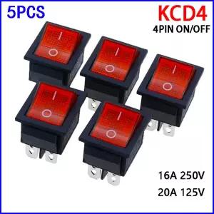 5pcs 2 위치 빨간불 로커 스위치 16A/250V KCD4-20 4 핀 ON/OFF 토글 35x25.5x10mm